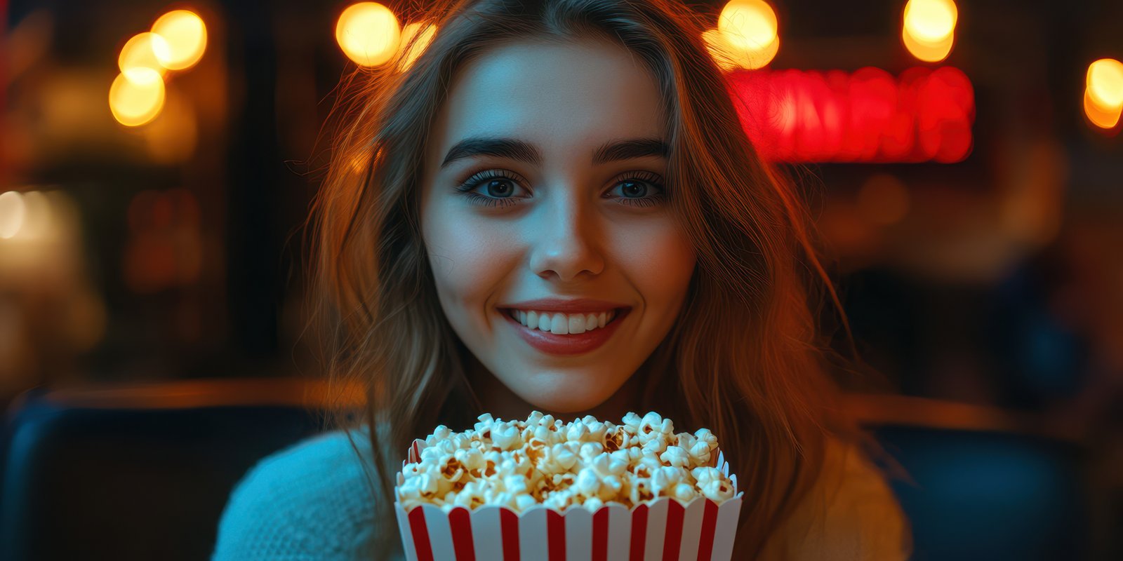 Young woman enjoying popcorn while smiling in a cozy cinema atmosphere during an evening show